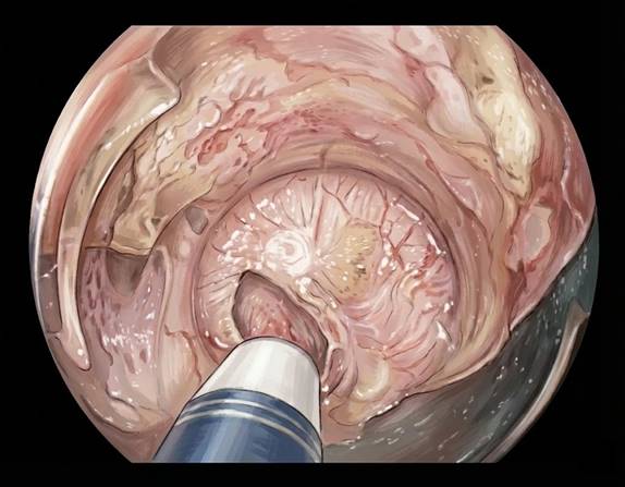 Disección submucosa endoscópica realizada con bisturí de hidrodisección. El capuchón colocado en la punta del endoscopio actúa como separador en una microcirugía.